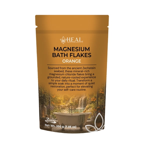 H.E.A.L. Magnesium Chloride Bath Flakes with Orange Essential Oil | Citrus Bath Soak | 7oz
