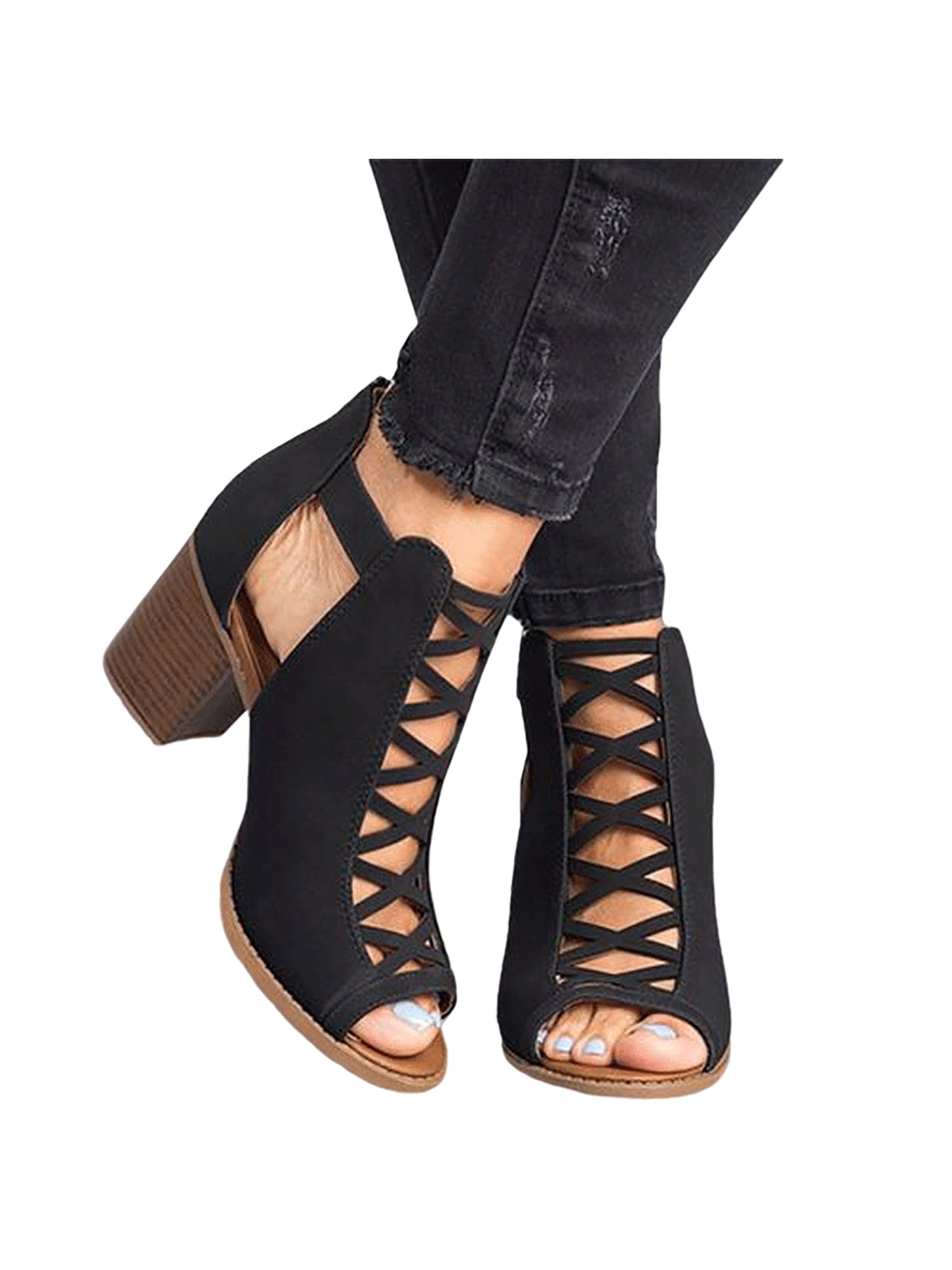 SIMANLAN Block Heels Sandals for Women Hollow Out Dress Pumps Shoes Black Size 5