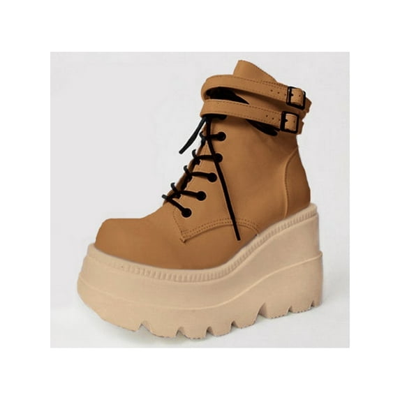 SIMANLAN Chunky Platform Boots for Women Square Toe Lace up Zip High Heel Combat Wedge Ankle Boots