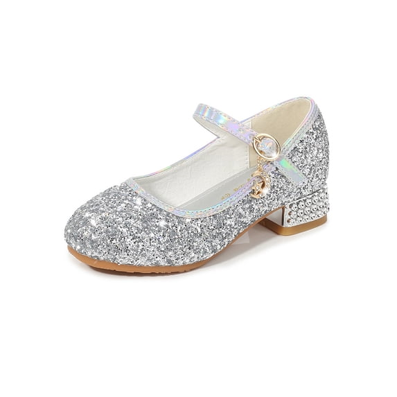 SIMANLAN Girls Lightweight Round Toe Dress Shoes School Casual Sequin Performance Comfort Chunky Block Mary Jane Silver 6C