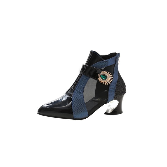 SIMANLAN Ladies Ankle Boots Pointed Toe Fashion Boot Mesh Booties Women Rhinestone Bootie Womens Zipper Shoes Blue 7.5
