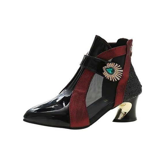 SIMANLAN Ladies Ankle Boots Pointed Toe Fashion Boot Mesh Booties Women Rhinestone Bootie Womens Zipper Shoes Red 7.5