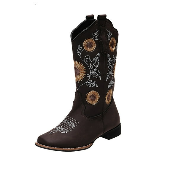 SIMANLAN Ladies Sunflower Print Mid Calf Boots Slip On Daily Wear Chunky Heel Shoes
