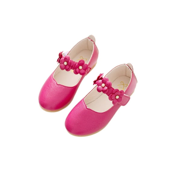 SIMANLAN Mary Jane Shoes for Girls Dress Shoes Leather Princess Shoes Comfy Breathable Round Toe Ballerina Flats Cute Flower Decor Shoes Marry Janes Kids Rose Red 11.5c