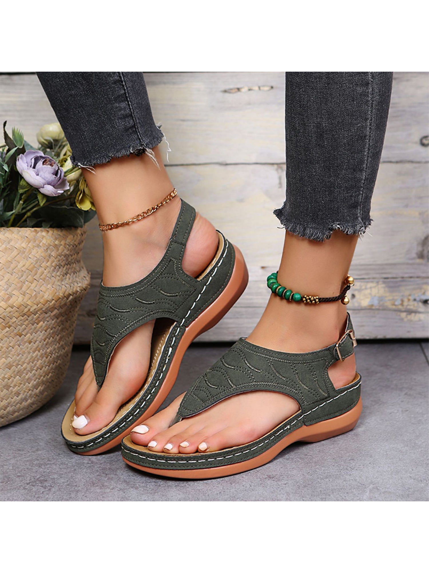 SIMANLAN Sandals Women Wide Width Flip Flops Ladies Arch Support Orthopedic Thong Sandals Comfortable Size 8 Army green 5