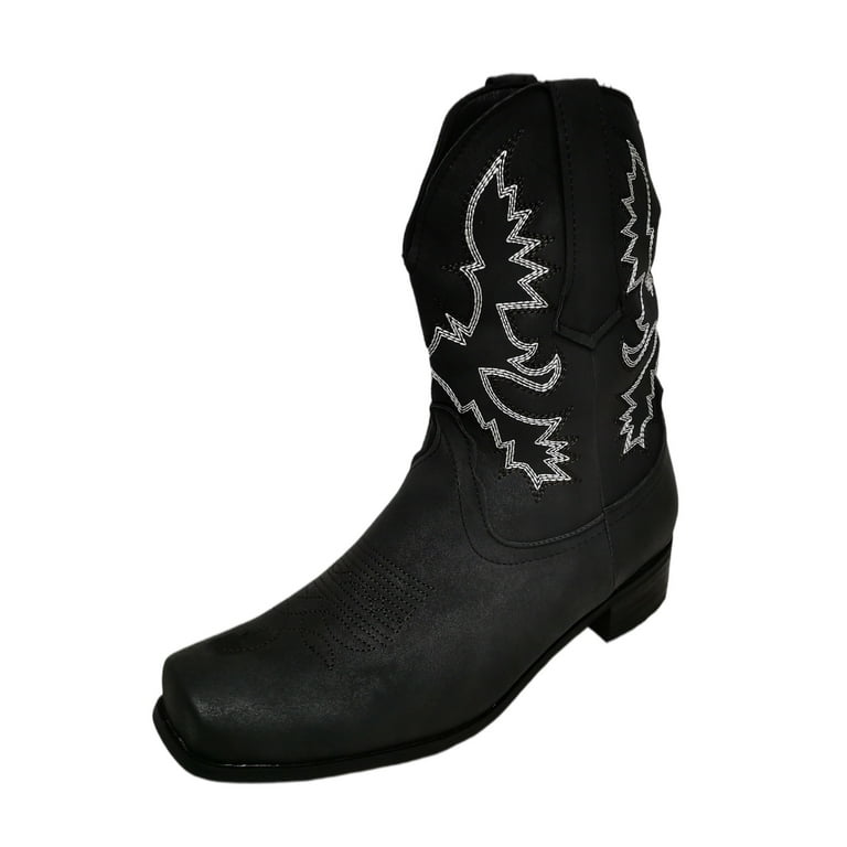 SIMANLAN Unisex Western Boots Mid Calf Vintage Booties Square Toe Cowboys Boot Men Non slip Riding Bootie Women Low Chunky Winter Shoes Black 7