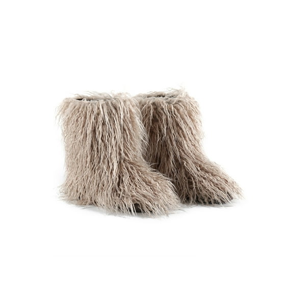 SIMANLAN Women Faux Fur Boots Fuzzy Fluffy Furry Round Toe Suede Winter Snow Boots Flat Shoes