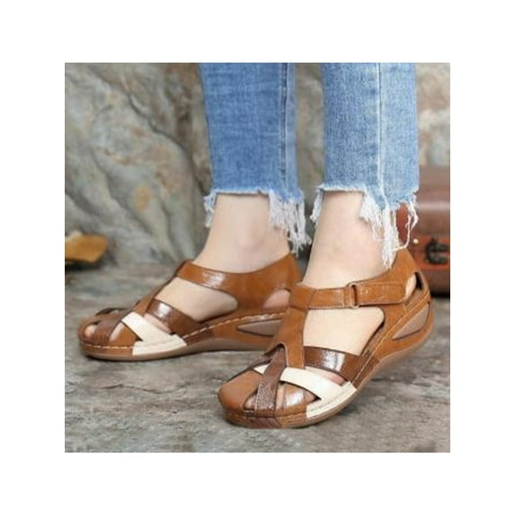 SIMANLAN Women Closed Toe Sandals Casual Summer Hollow Out Vintage Wedge Shoes