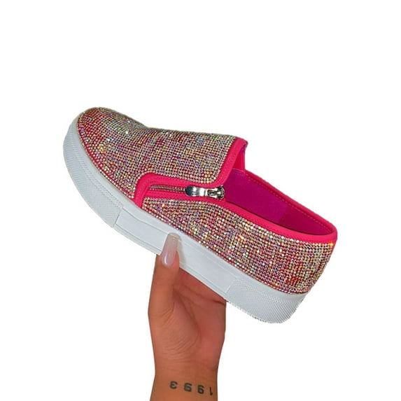 SIMANLAN Women's Casual Platform Rhinestones Glitter Slip On Sneakers Flat Walking Shoes