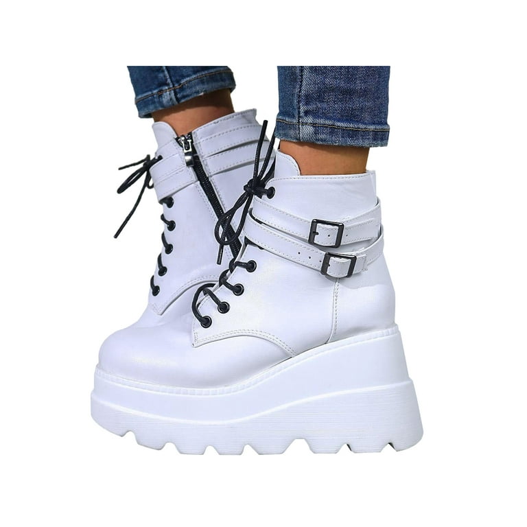 Womens Chunky High Heels Platform Ankle Boot Lace Up Round Toe Punk Combat  Shoes