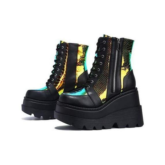 SIMANLAN Women's Chunky Platform Goth Combat Boots Punk High Heel Lace Up PU Leather Ankle Boot