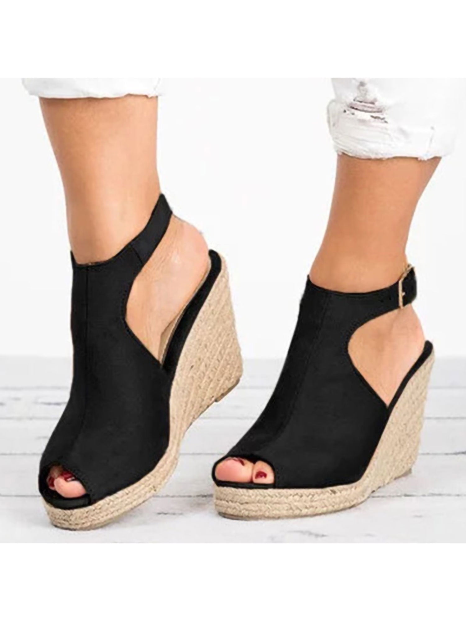 Ladies black espadrille wedges sale