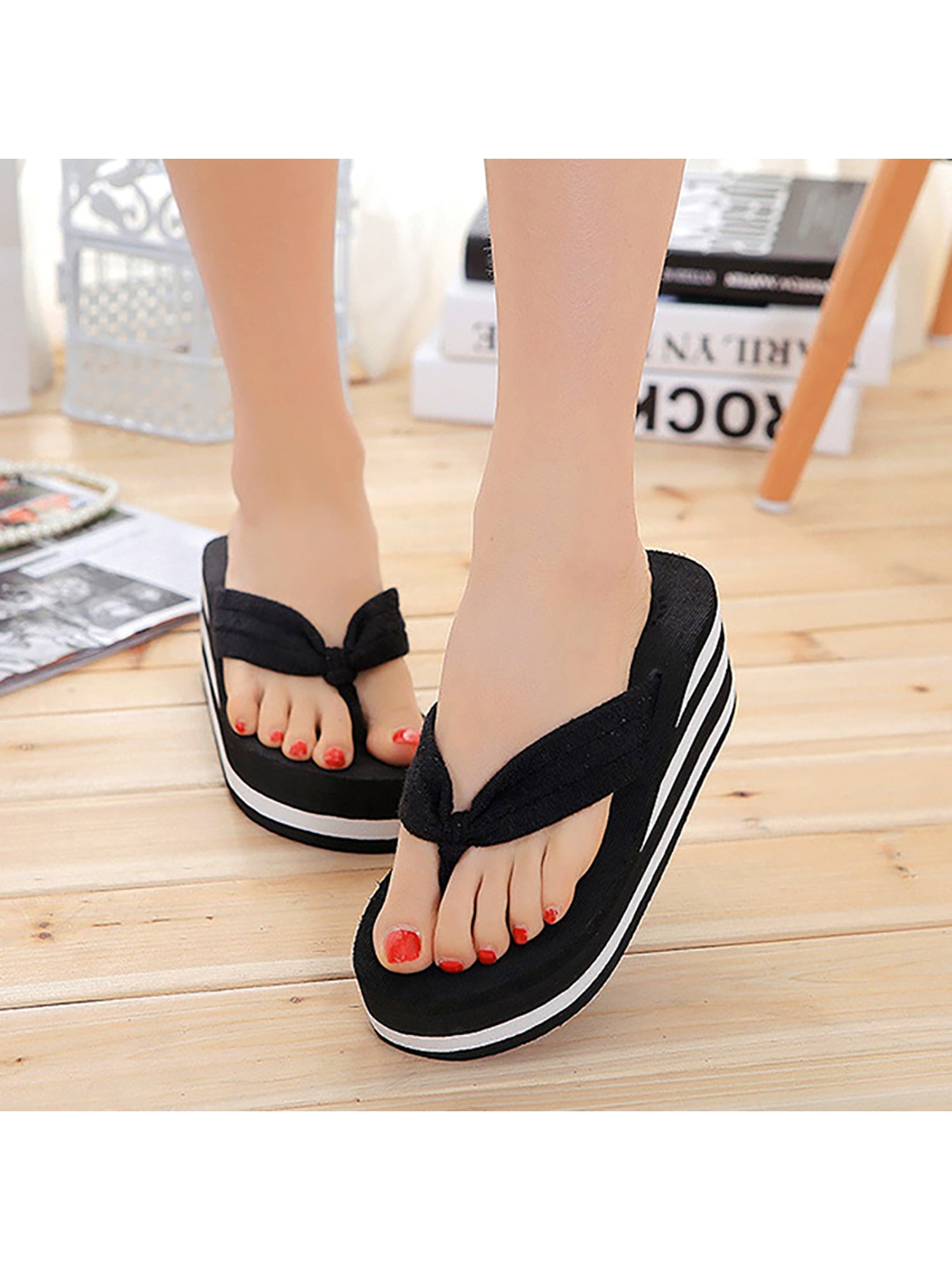 SIMANLAN Women's Fashion Platform Wedge Thong Wide Width Flip Flops
