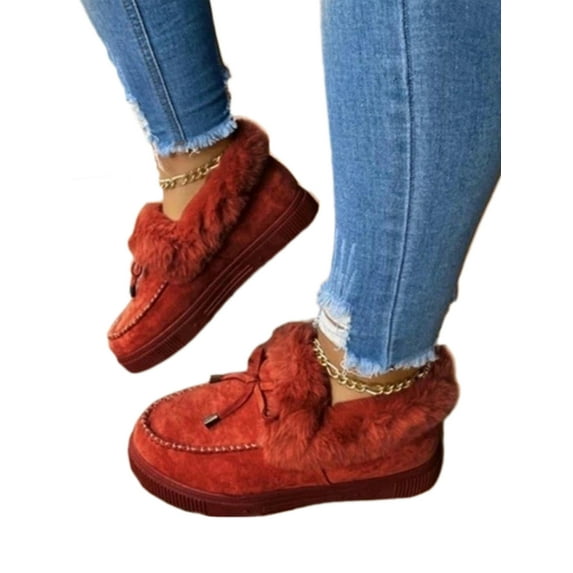 SIMANLAN Women's Moccasin Slippers Fuzzy House Slipper Home Warm Indoor Outdoor Slip On Flats Shoes Red 7