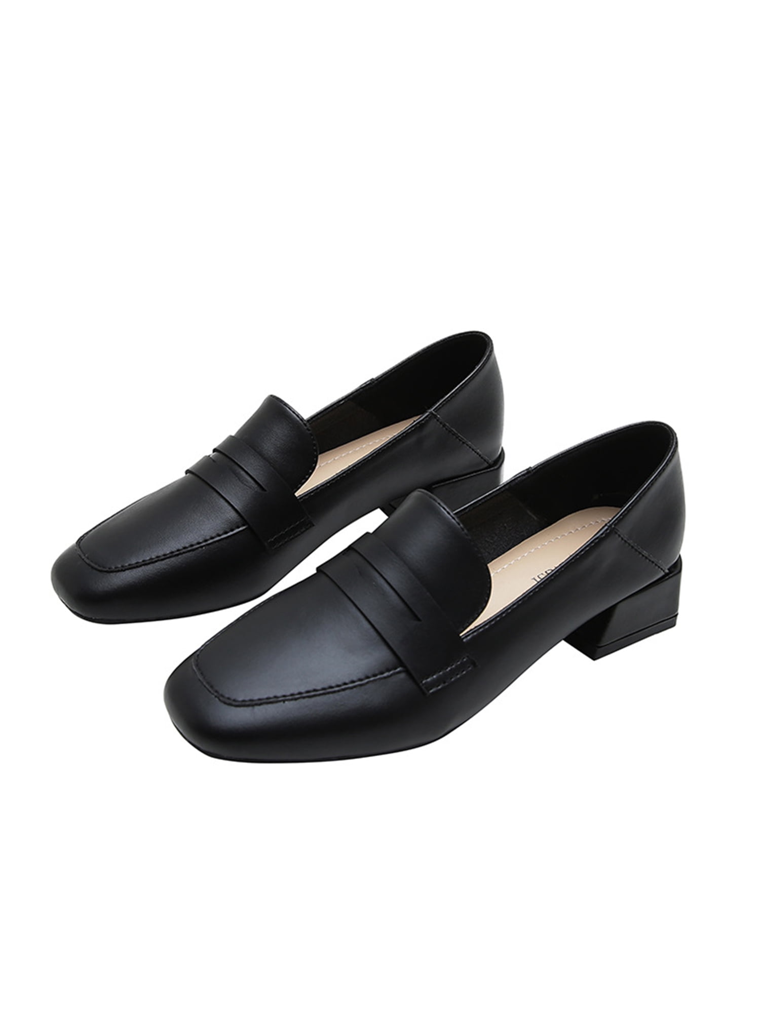 SIMANLAN Women's Slip On Block Heel Loafers Leather Chunky Shoes Black
