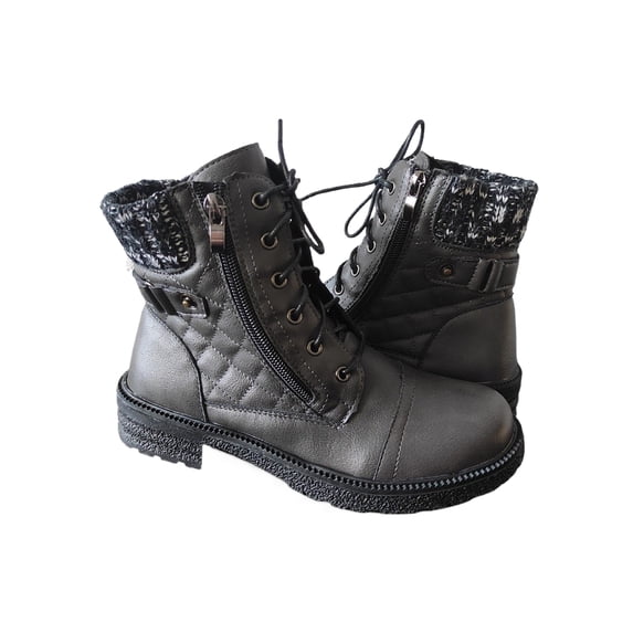 SIMANLAN Womens Ankle Boots Non Slip Short Bootie Lace Up Combat Boot Work Knitting Collar Booties Walking Zipper Gray 8.5