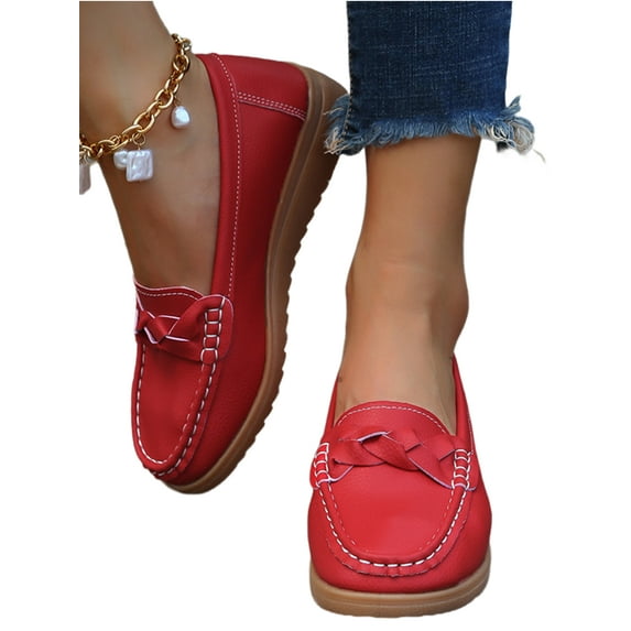SIMANLAN Womens Boat Shoes Slip On Flats Comfort Loafers Ladies Classic Wedges Women Driving Moccasin Red 8.5