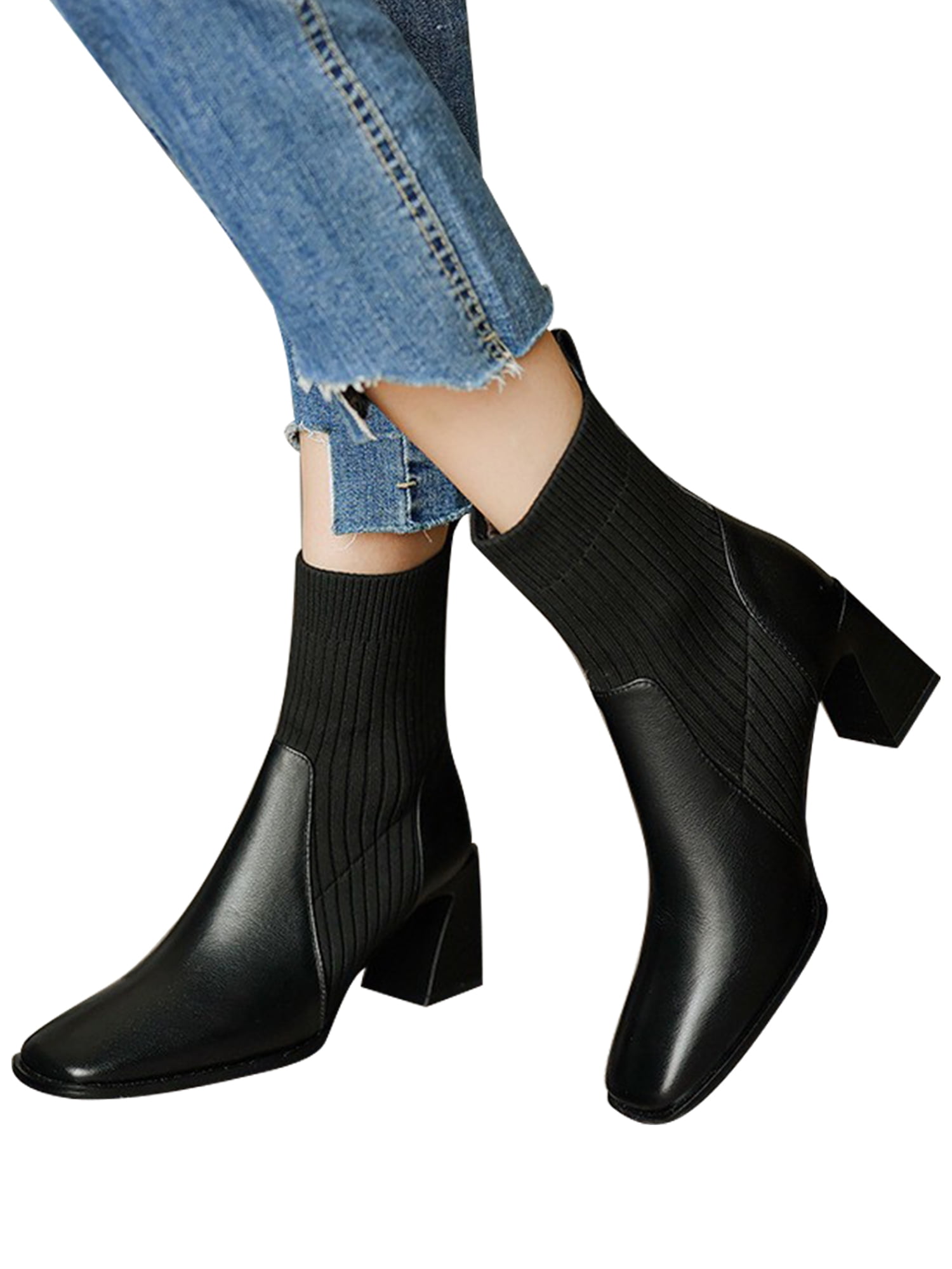 SIMANLAN Womens Elastic Boot Sock Style Boots Square Toe Ankle Booties