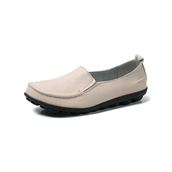 SIMANLAN Womens Flats Slip On Loafers Round Toe Leather Shoes Women Non-slip Casual Shoe Ladies Lightweight Beige 7