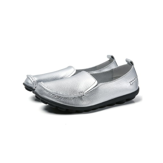 SIMANLAN Womens Flats Slip On Loafers Round Toe Leather Shoes Women Non-slip Casual Shoe Ladies Lightweight Silver 9
