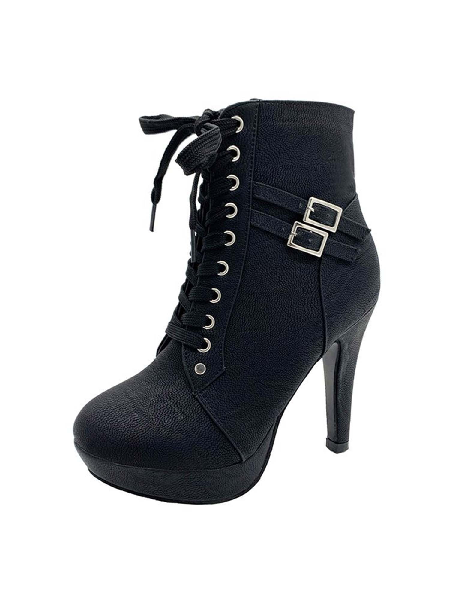 SIMANLAN Womens Non Slip High Heel Boots Lace Up High Heels Casual