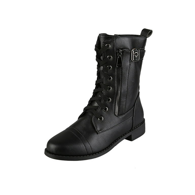 SIMANLAN Womens Round Toe Military Lace up Knit Ankle Cuff Low Heel Combat  Zippers Boots - Walmart.com