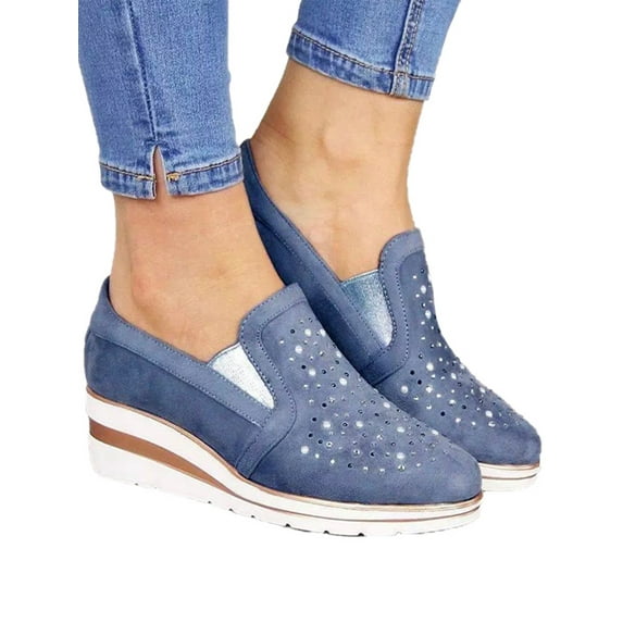 SIMANLAN Women Slip On Wedge Sneakers Rhinestone Loafers Casual Shoes