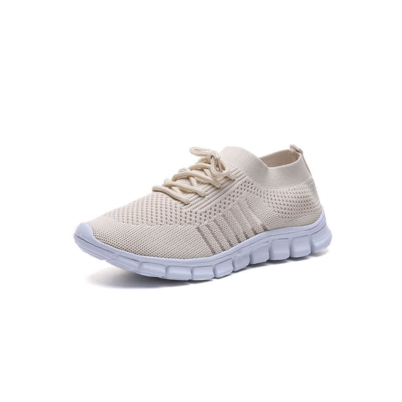 SIMANLAN Womens Sneakers Comfort Flats Slip On Casual Shoe Ladies Lightweight Walking Shoes Women Lace Up Sock Sneaker Beige 7