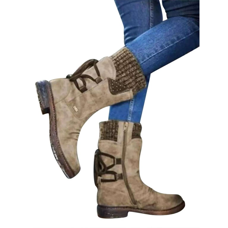 SIMANLAN Womens Winter Boots Womens Military Back Lace Up Knit