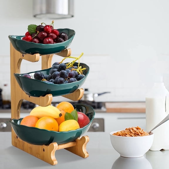 SIMANLI 3 Tier Fruit Basket with Ceramic Bowls, Bamboo Fruit Stand Organizer for Kitchen Counter, Detachable Tiered Fruit Bowl, Dark Green
