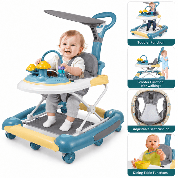 SIMANLI 4-in-1 Baby Walker with Wheels, Foldable Toddler Push Walker & Sit-to-Stand Walker with Music Toy Tray, Adjustable Height
