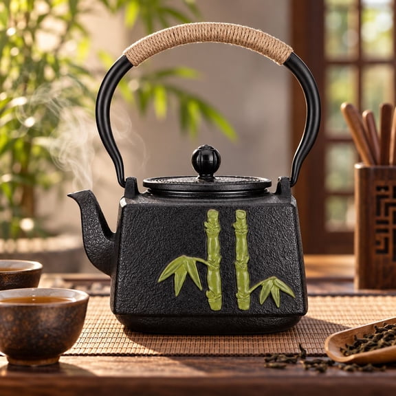 SIMANLI 40.6oz Cast Iron Teapot, Japanese Tetsubin Kettle with Stainless Steel Infuser for Stovetop Safe, Bamboo Embossed Iron Tea Kettle