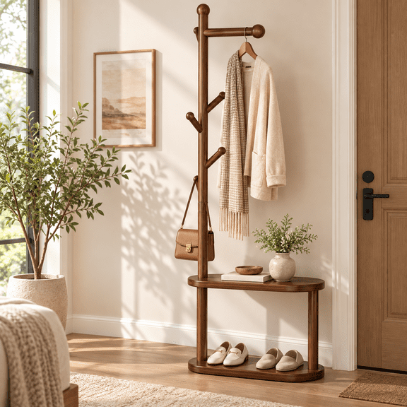 SIMANLI Coat Rack Freestanding, Solid Wood Coat Tree with 5 Hooks and 2‑Tier Storage Shelf, Coat Hanger for Entryway, Bedroom, Living Room, Brown