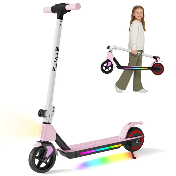 SIMATE Electric Scooter for Kids 6+, Foldable, LED Display & Lights, Dual Braking, 130W, 8.7mph,Pink