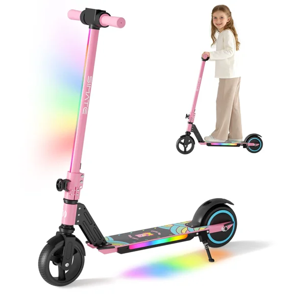 SIMATE Electric Scooter for Kids Ages 6-14, Kick Scooter with LED Display & Colorful Lights, Dual Braking System & Foldable,130W Powerful Motor,Top 8.7mph & 5 Miles