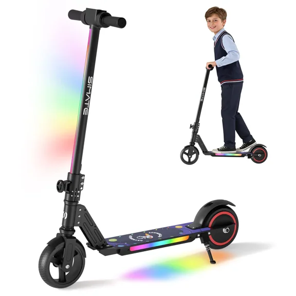 SIMATE Electric Scooter for Kids Ages 6-14, Kick Scooter with LED Display & Colorful Lights , Dual Braking System & Foldable,130W Powerful Motor,Top 8.7mph & 5 Miles