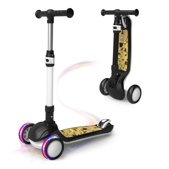 SIMATE Kids Kick Scooter Ages 3-12, 3 Wheel Scooter with Light Up Wheels & 3 Adjustable Handlebars, Boys and Girls Gift,Black