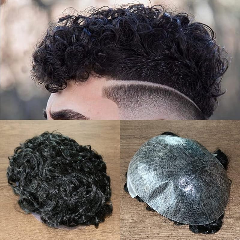 SIMBEAUTY Indian Remy Human Hair Curl Toupee 10x8inch for Men with Men Hair System Replacement Wig (1# Jet Black- 15MM Curly)