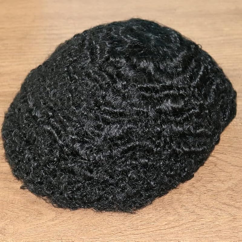 Indian Remy Human Hair Curl Toupee 10x8inch for Men with Men Hair System Replacement Wig (1# Jet Black- 15MM Curly)