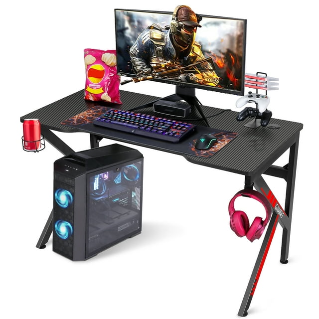 SIMBR Gaming Desk, 48" K-Frame Design Computer Desk, Large Workstation Gaming Table for Gaming Laptop, Office PC Gamer Desk with Controller Stand Cup Holder Headphone Hook