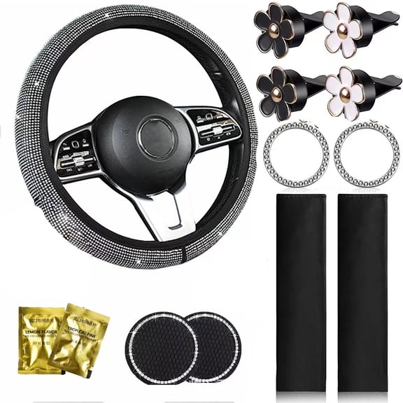 SIMDOO 13 Pcs Pink Bling Car Accessories Set for Women, Pink Steering Wheel Cover Set, Bling Console Cover, Seat Belt Cushion, Shift Knob Cushion, Cup Coaster, Rhinestone Car Hanging Accessories