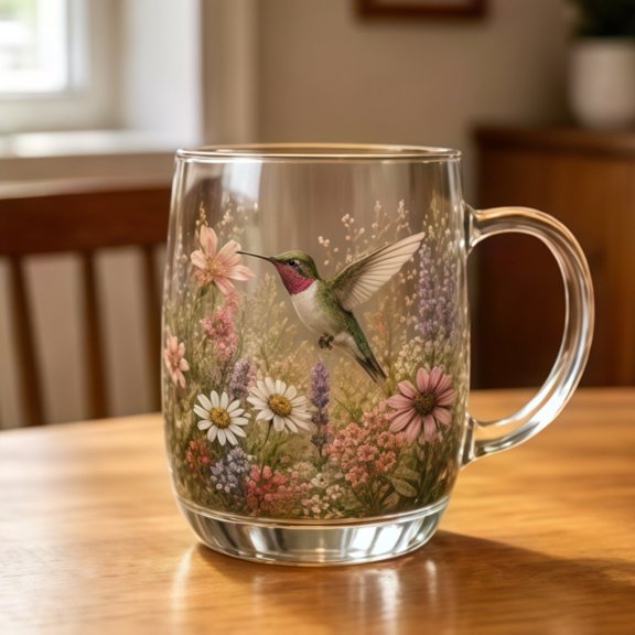 SIMDOO 1Pcs 2026 Hummingbird Glass Tea Cup, Retro Floral Bird Glass Mug, Art Pattern Transparent Water Cup for Home Kitchen Office
