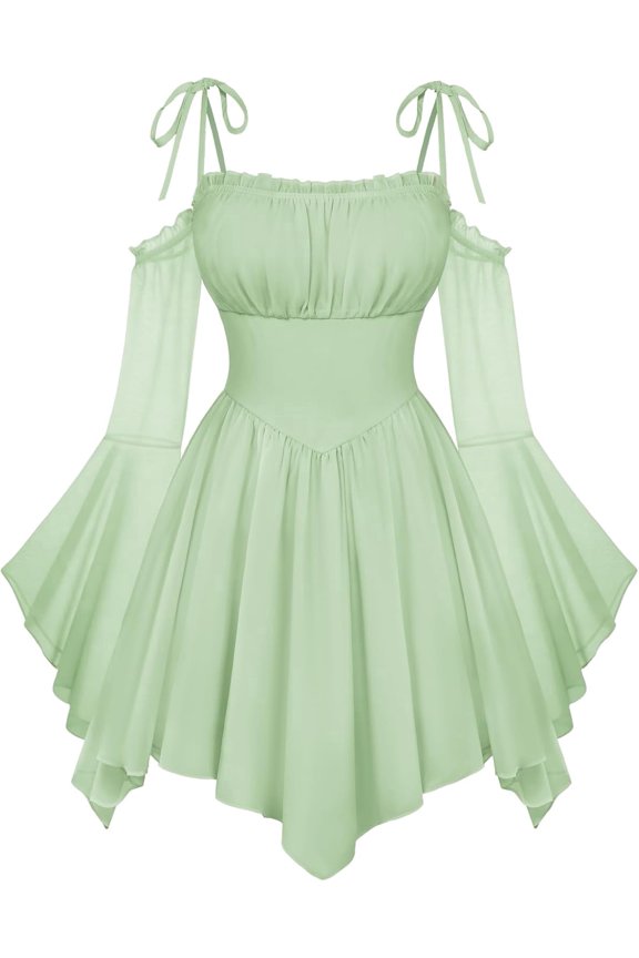 2026 Upgrade Women Renaissance Fairy Dress, Off Shoulder Chiffon Corset Dress with Pockets, A Line Boho Flowy Maxi Dress for Daily Party Renaissance Fair