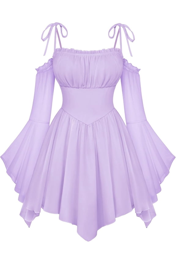 2026 Upgrade Women Renaissance Fairy Dress, Off Shoulder Chiffon Corset Dress with Pockets, A Line Boho Flowy Maxi Dress for Daily Party Renaissance Fair