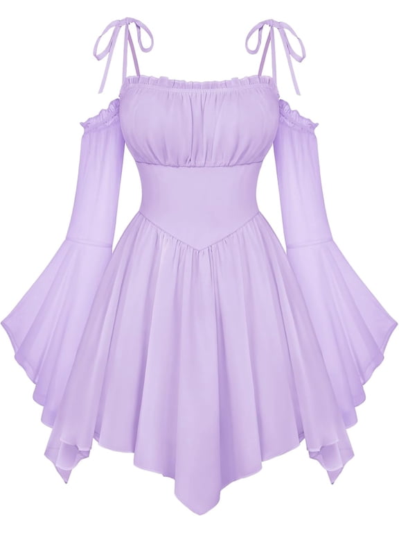 2026 Upgrade Women Renaissance Fairy Dress, Off Shoulder Chiffon Corset Dress with Pockets, A Line Boho Flowy Maxi Dress for Daily Party Renaissance Fair