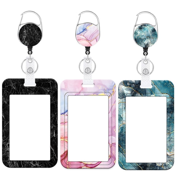 SIMDOO 3 Pack Badge Holder with Retractable Reel Carabiner, Heavy Duty Marble Ink ID Card Name Tag Holders for Nurse Office Worker Student