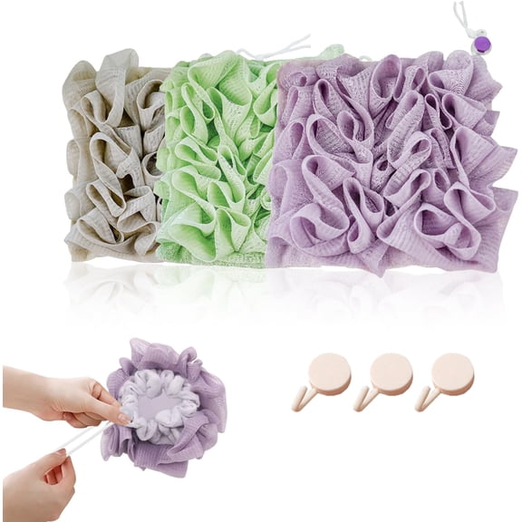SIMDOO 3-Pack Loofah Washcloth Combo 2-in-1, Soap Saver Pouch with Bar Soap Pocket, Exfoliating & Reusable Shower Sponge for Body Wash (Green, Purple, Khaki)