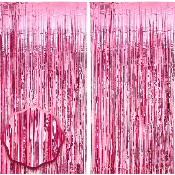 SIMDOO 5 Pack Laser Pink Tinsel Foil Fringe Curtains, 3.28 ft x 6.56 ft, Metallic Party Streamers Backdrop for Birthday Bachelorette Graduation Wedding Party Decorations