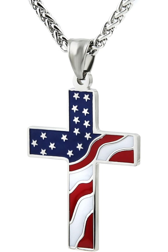 American Flag Patriotic Cross Religious Jewelry Pendant Necklace