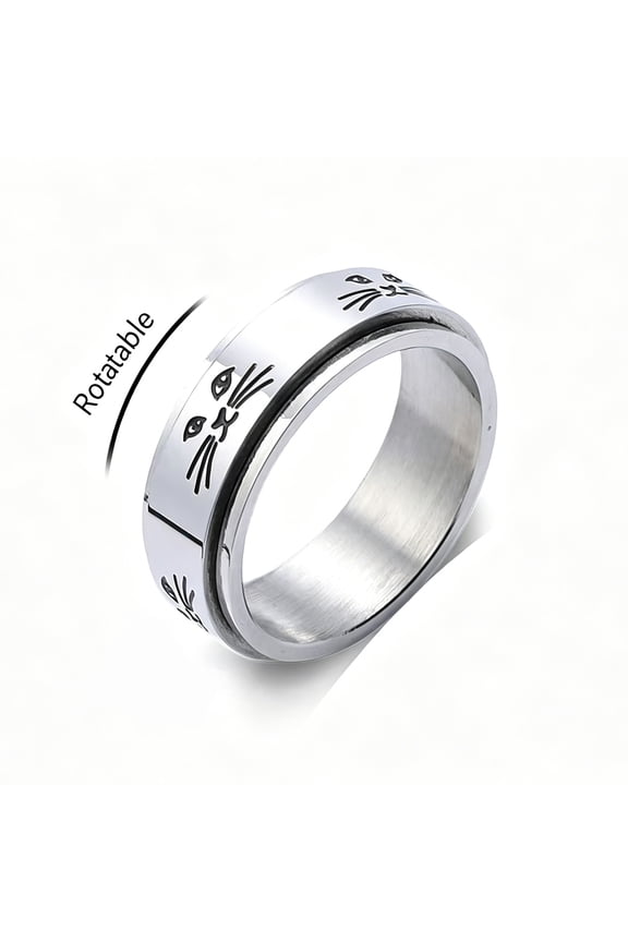 Cat Spinner Anxiety Ring, Stainless Steel Engraved Cat Face Fidget Ring, Calming Jewelry Gift for Cat Lovers Women Men
